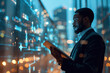 © arhendrix - handsome black african american businessman holding smart tablet screen in hands analyzing the world economy stock market. holographic web design. city skyscrapers in blurry background.