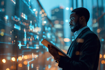 handsome black african american businessman holding smart tablet screen in hands analyzing the world