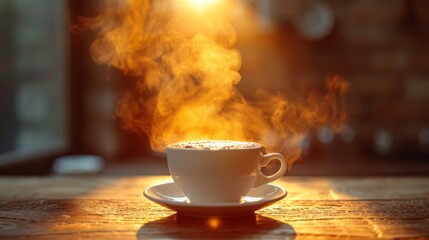 Wall Mural - Steaming coffee being poured from outside of frame to a white coffee cup on table. Minimalism