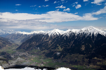 Sticker - Valley in Alpine mountains, village. View from top. Austria