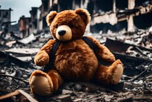 Kids Teddy Bear Toy Over City Burned Destruction Of An Aftermath War Conflict, Earthquake Or Fire And Smoke Of World War Against Children Peace Innocence