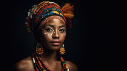 Wall Mural - Portrait of a young beautiful african native girl in traditional turban on the black background with copy space