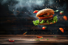 Template With Delicious Tasty Hamburger Flying On Black Wooden Background