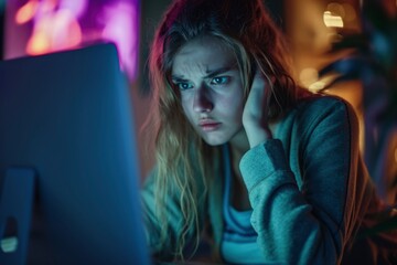 AI generated illustration of a worried young girl glancing at a laptop screen