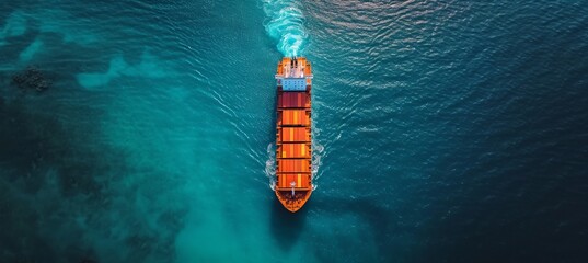 Wall Mural - Container cargo ship sailing in the sea under a clear sky with calm ocean waters in aerial view.