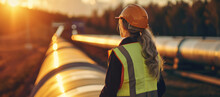 An Engineer Surveys A Pipeline At Sunset, Her Reflective Safety Vest And Hardhat A Testament To Industry And Safety