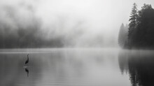 A Crane On A Lake In The Forest In Dense Fog, Black And White Image