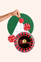 Poster - Vertical creative collage poster casino gambling spinning roulette roll dice combination jackpot fortune winner drawing background