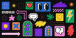 Set of groovy, y2k pixel stickers. Abstract shapes, labels and various elements. Pixel speech bubble, heart, cartoon eyes, arrow.