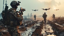 Modern Soldiers Operations During Warfare. Drone Operators On The Battlefields. Modern War.