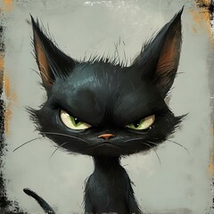 Sticker - Black cat with vibrant green eyes and an angry face, AI-generated.