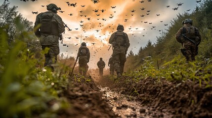 Wall Mural - Drones on the battle field. Drone swarm flying over heads of the soldiers. Drone operations.