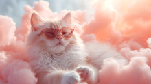Cute White Cat Wearing Heart-shaped Sunglasses Laying Down In The Middle Of Peachy Cloud. Adorable Valentine's Day Theme Concept