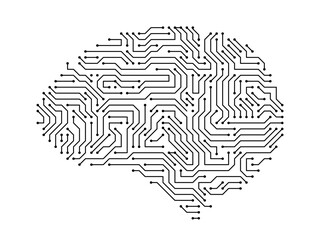 Circuit board brains. Artificial intelligence microchip, AI chip and digital brain processor vector illustration. Digital data security technology, futuristic computer system concept