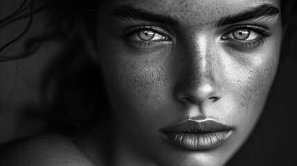 Black and white photo of a woman with striking features, emphasizing the beauty in diversity, remarkable faces, black and white portrait, hd, diverse with copy space