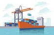 Industrial sea port cargo logistics container, ship crane water delivery transportation isometric concept