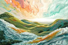 A Surreal Landscape Made Of Various Currency Notes Forming Hills And Valleys, Under A Sky Of Swirling Stock Market Graphs