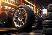 Car Tires On A Pallet In A Warehouse. 3d Rendering