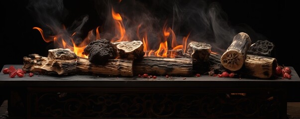 Wall Mural - A burning log in the photo on a black background