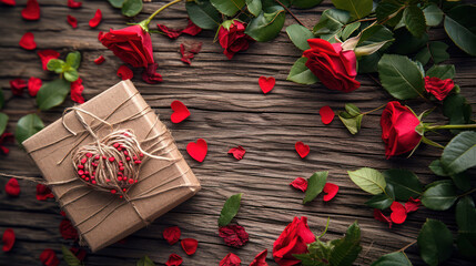 Wall Mural - Romantic Valentine's Day Red Gift Box with Bow and Roses on Wooden Table