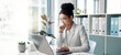 © Clement C/peopleimages.com - Thinking, laptop and typing business woman, bank consultant or working on research report, project or solution. Computer, administration analysis and professional person reading online account data