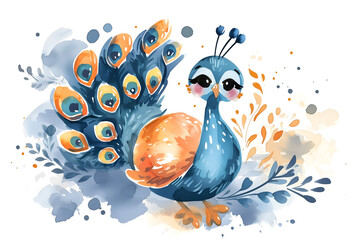 Hand drawn cute cartoon peacock in style of childlike simplу watercolor. Doodle illustration