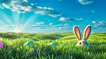 Poster - Bunny ears toy in green grass field and decorated eggs, Easter background