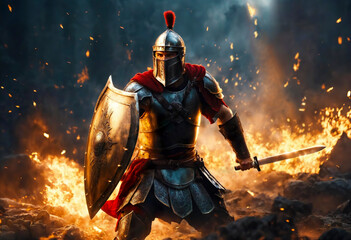 Wall Mural - Roman male legionary (legionaries) wear helmet with crest, gladius sword and a scutum shield, heavy infantryman, realistic soldier of the army of the Roman Empire, on Rome background.