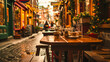 European Street Scene with Outdoor Restaurant, Travel and Architecture Theme in an Urban Setting at Night