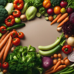 Wall Mural - Top view of vegetarian food banner image, Mockup background with empty paper space at the middle,  with different types of delicious vegetables and fruits around