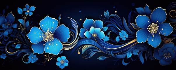 Illustration of blue flowers blooming in a photo on a black background