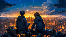 Two Friends Relaxing Outdoor Looking At Evening City Panorama