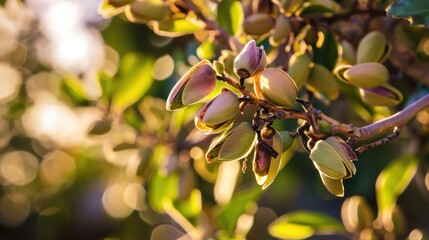 Sticker - A close up of a bunch of pistachios on a tree.