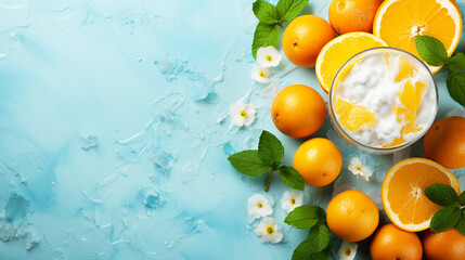 Wall Mural - Orange smoothie on blue background