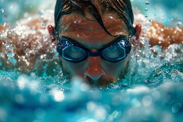 Sticker - Male swimmer athlete in a swimming pool. Background with selective focus and copy space