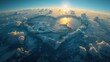 Aerial sunrise panorama over a rugged heart shaped glacial landscape, highlighting the interplay of light and shadow over planet earth
