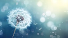 White Dandelion Flowers Flying In The Photo On A Blue Background With A Glitter Light Effect Behind It. Generative AI
