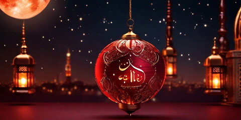 Wall Mural - 3d Crecent moon and lantern for Ramadan and Eid background design template with mosque for Muslim festival