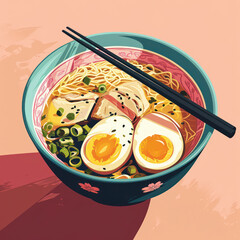 Wall Mural - Delicious Asian Ramen Noodles Soup Bowl with Egg, Miso, and Fresh Vegetables on White Plate, on a Traditional Chinese Restaurant Table with Green Background.