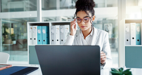 Reading glasses, laptop and professional woman, advocate or government attorney check feedback. Corporate research, eyeglasses and business lawyer analysis of legal project, development or report