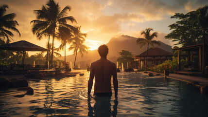 Wall Mural - person, handsome man watching the sunset on the beach at a hotel in a tropical resort. Palms against mountains