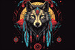 Mystical t-shirt designs depict wolves with dream catchers, feathers, and other elements of Native American symbolism,