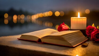 Wall Mural - An antique leather-bound book rests on a weathered wooden table, bathed in the soft glow of candlelight. transports viewers to a bygone era of storytelling, book and candle