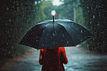 Back View Of Woman With Open Black Umbrella During Rain