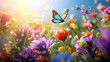 Beautiful meadow with flowers and butterfly. Floral background - Format 16:9