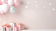 Pink and white balloons and gift boxes on a pink background - Format 16:9