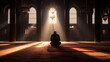 Muslim elder sitting in masjid reading quran before prayer time at subdued dark light,  illustration of praying man in mosque, Religious muslim man praying inside the mosque. Generative Ai