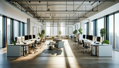 Sticker - Empty modern office interior with sleek furniture and large windows in a contemporary building