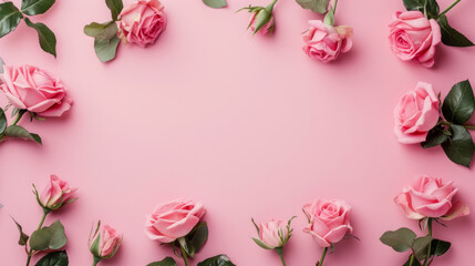 Wall Mural - Flat lay top view pink roses, isolated on a pastel background for Valentine's Day, International Women's Day, Mother's Day card or background