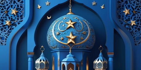 Wall Mural - 3d Crecent moon and lantern for Ramadan and Eid background design template with mosque for Muslim festival 